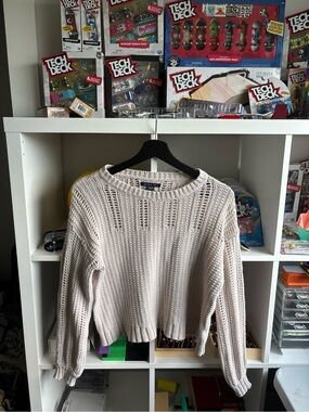 American Eagle Outfitters Light Cream Open-Knit Crewneck Sweater